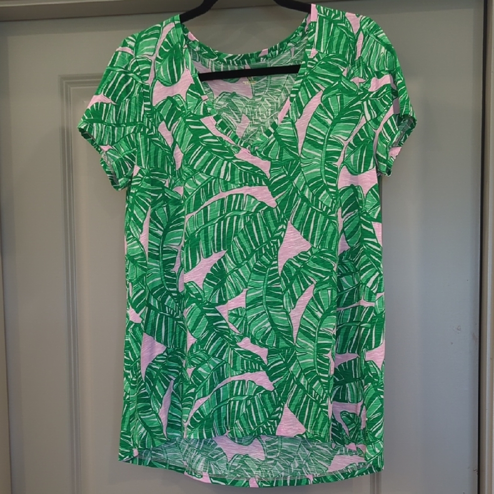 Lilly Pulitzer Green and Pink Leaf Print Tee MEDIUM